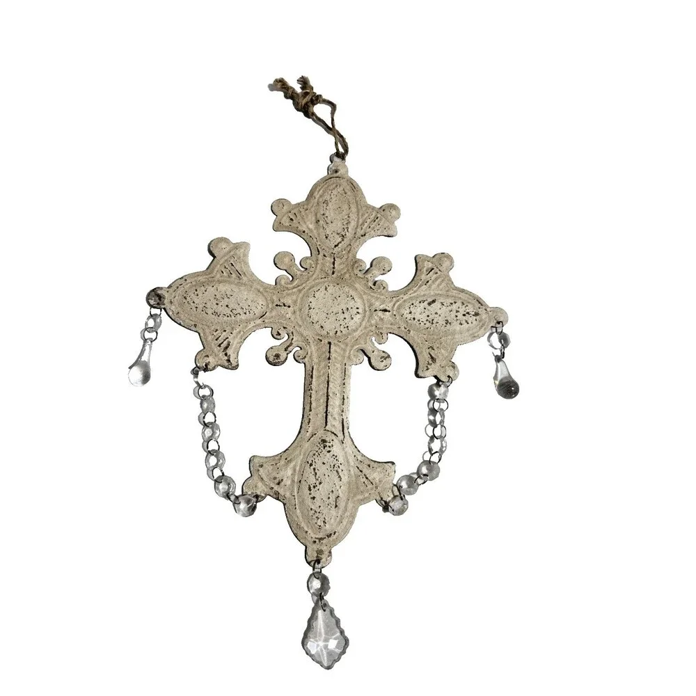 Vintage Metal Cross Decor With Glass Beads Hanging Rustic Off White Flat